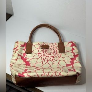 Kate Spade White Pink Brown Canvas Floral Double Top Handle Tote Bag